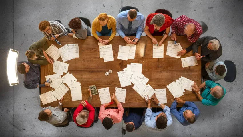 Grupo diverso de pessoas discutindo em torno de uma mesa grande com documentos e calculadora.