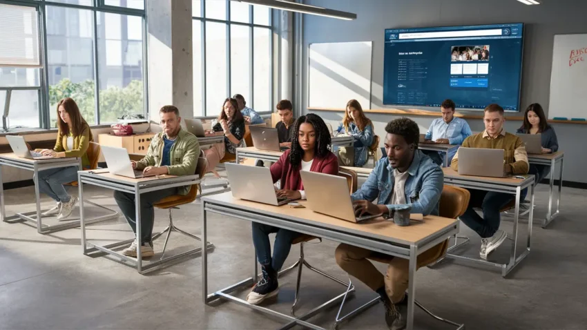 Alunos diversos usando laptops em uma sala de aula digital moderna com um monitor exibindo um curso online.